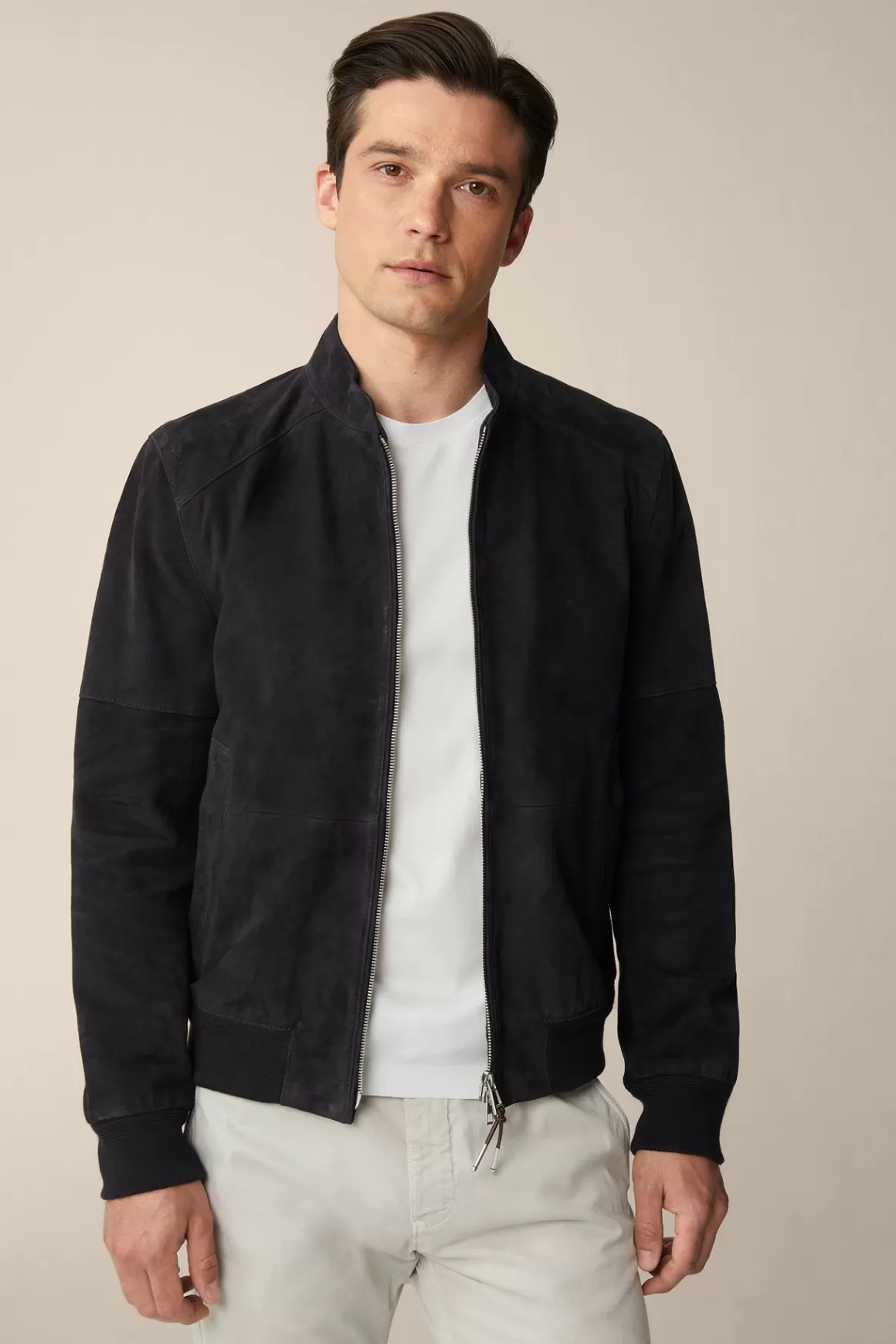 Borello Goatskin Suede Leather Bomber Jacket In Navy<Windsor Fashion