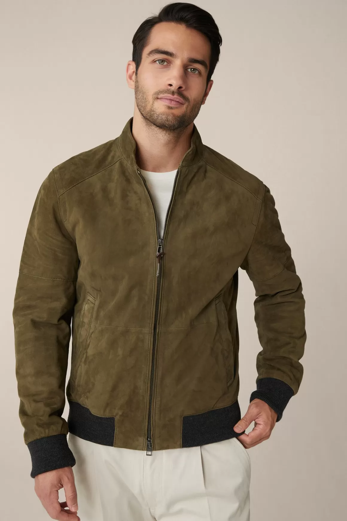 Borello Goatskin Suede Leather Bomber Jacket In Olive<Windsor Cheap