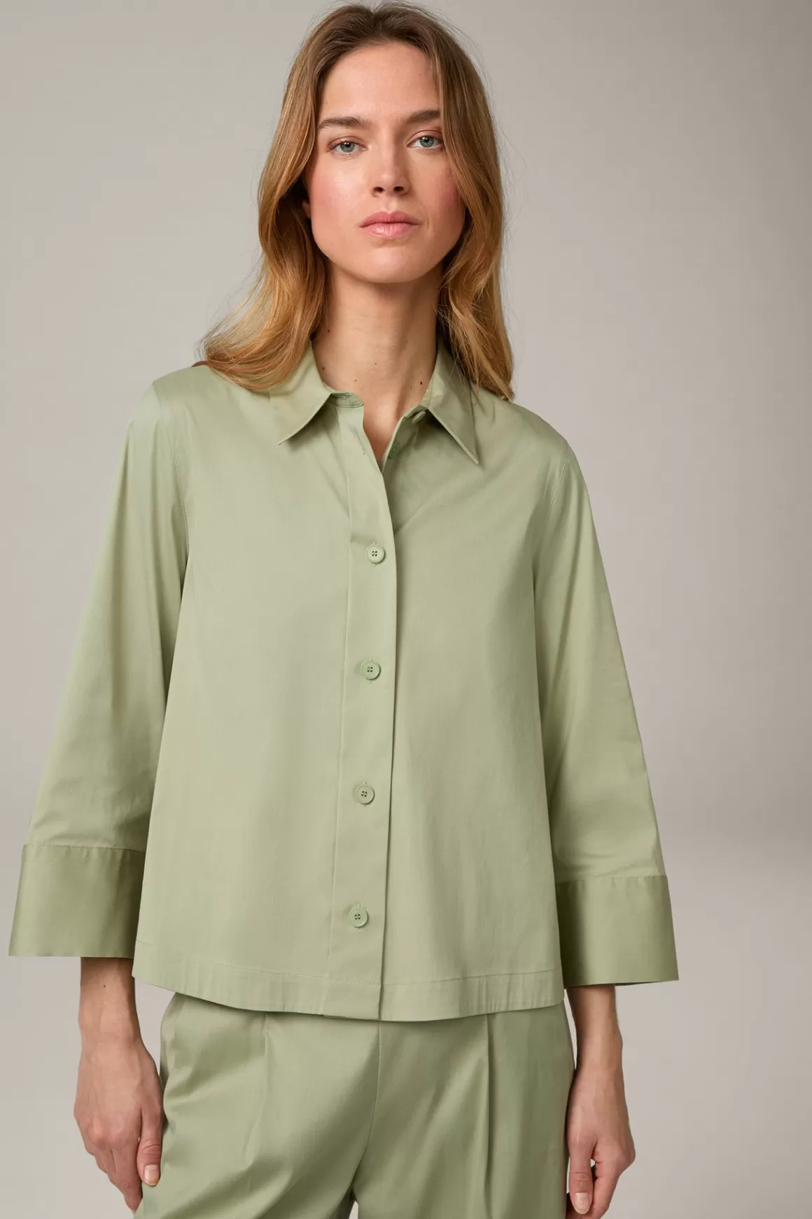 Cotton Stretch Shirt-Style Blouse In Light Green<Windsor Flash Sale