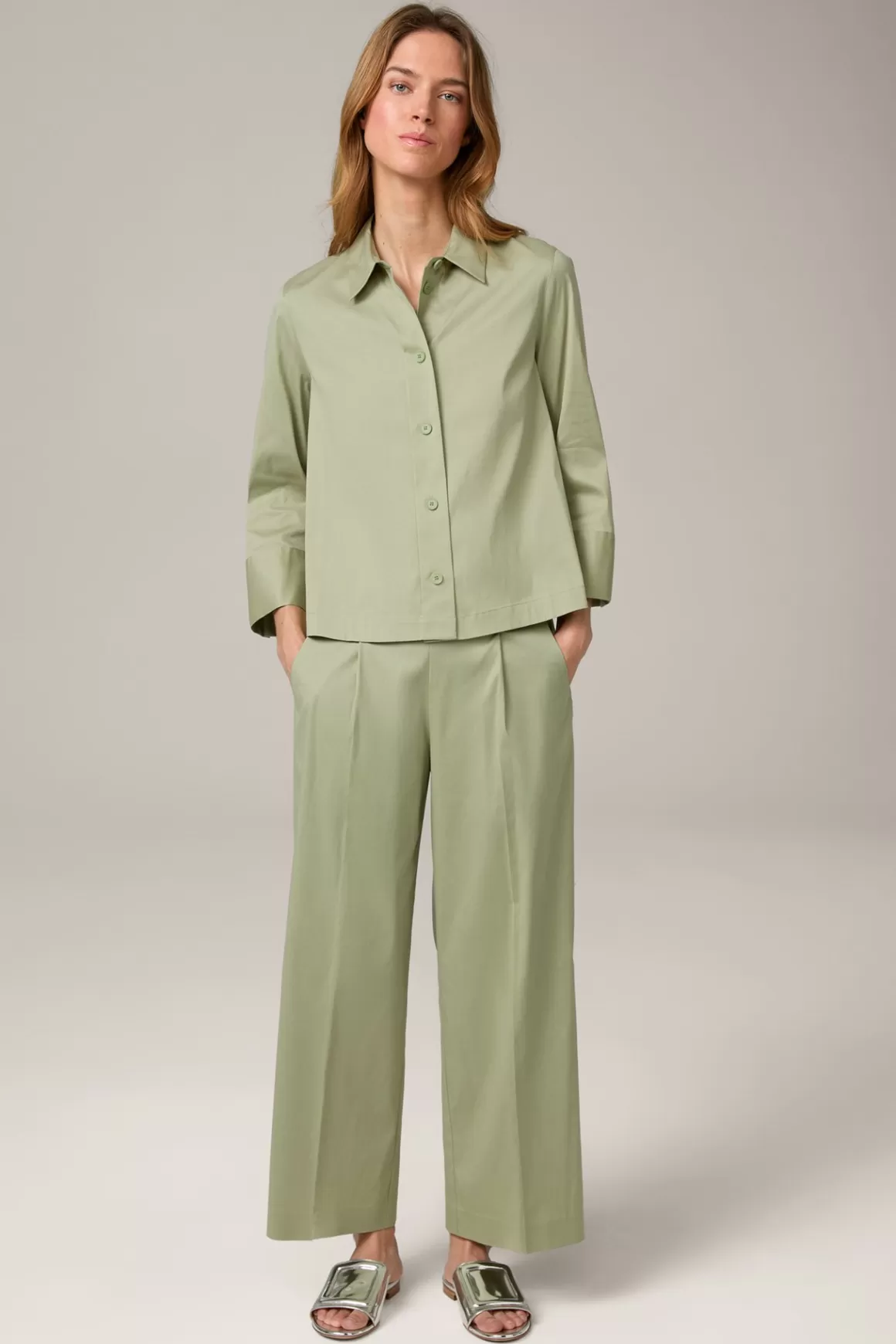 Cotton Stretch Shirt-Style Blouse In Light Green<Windsor Flash Sale