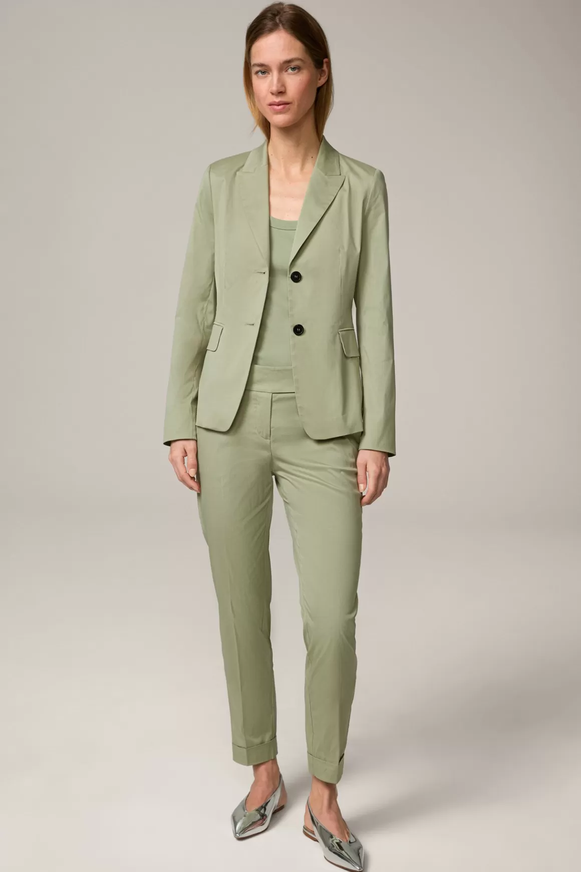 Cotton Stretch Suit Trousers With Turn-Ups In Light Green<Windsor Outlet