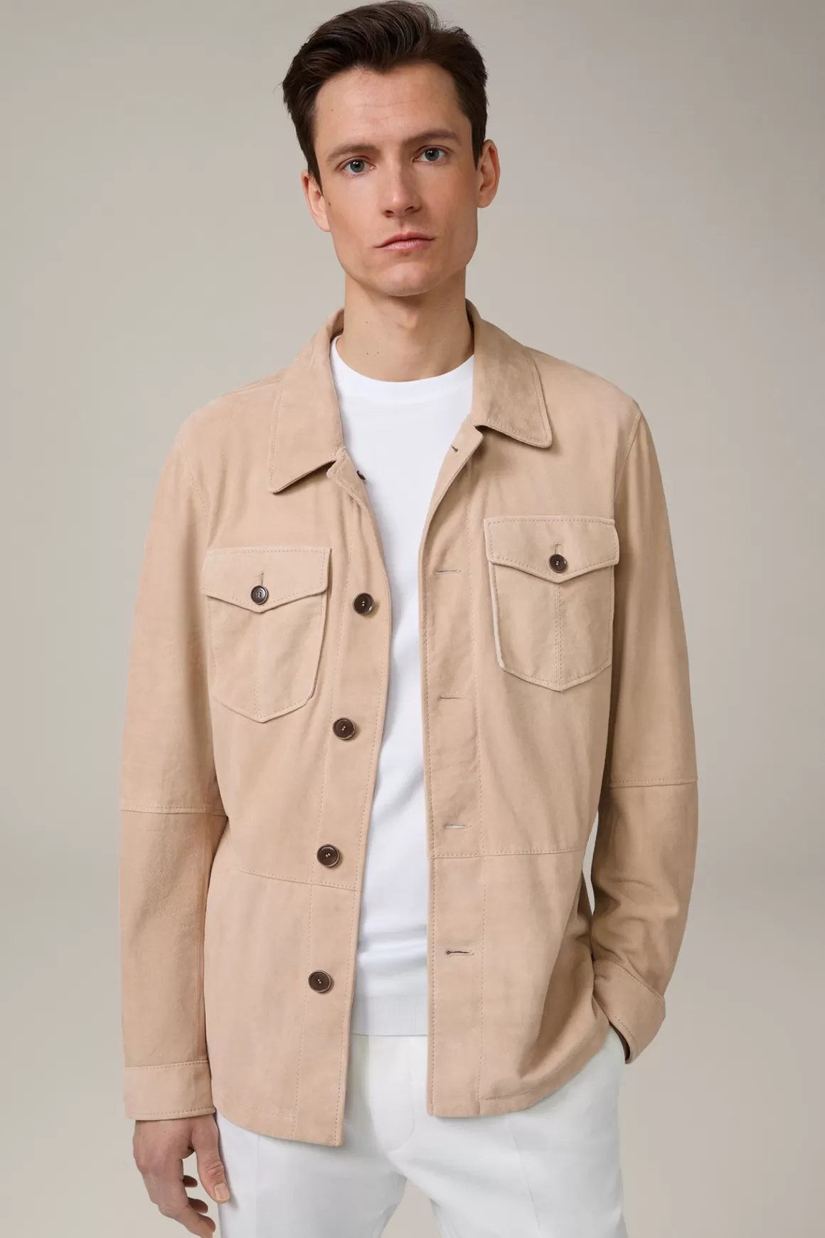 Goatskin Suede Leather Overshirt With Shirt Collar In Beige<Windsor Cheap