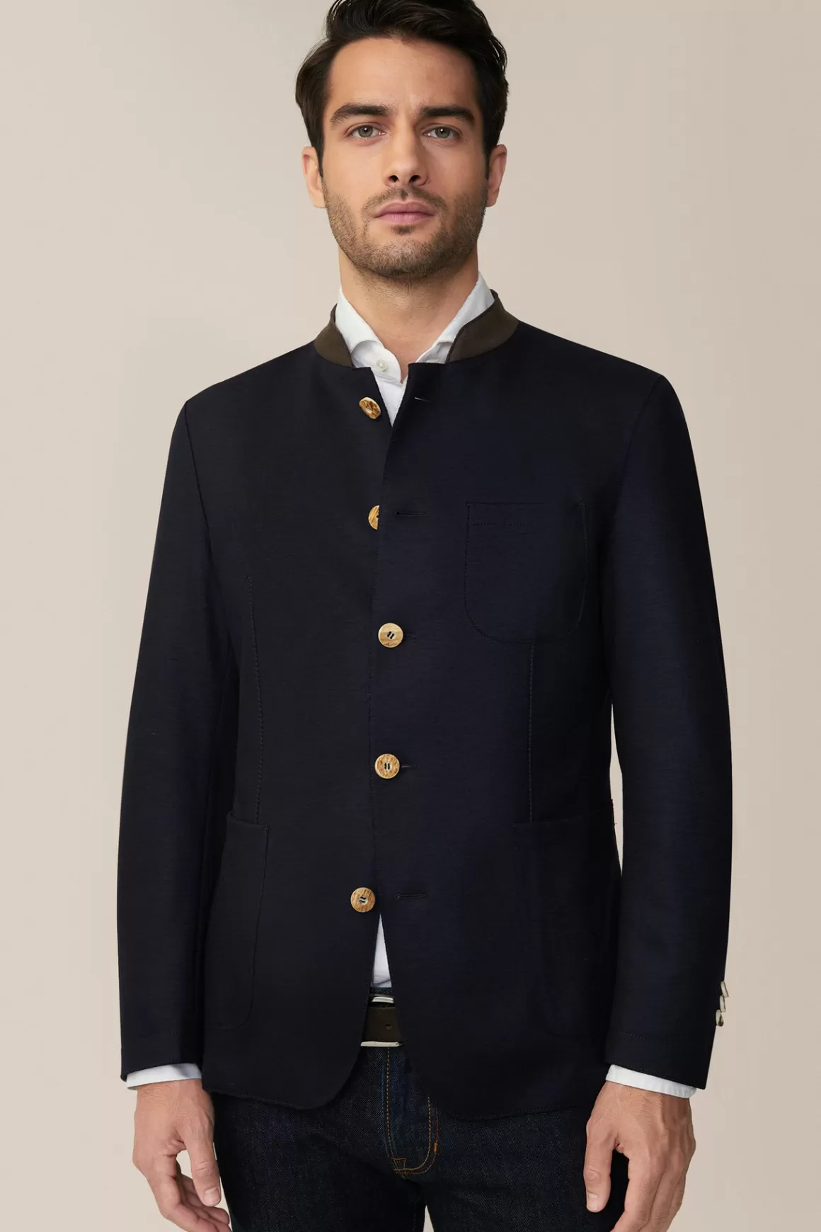 Jersey Traditional Giesing Cardigan-Style Jacket In Navy With Brown<Windsor Clearance