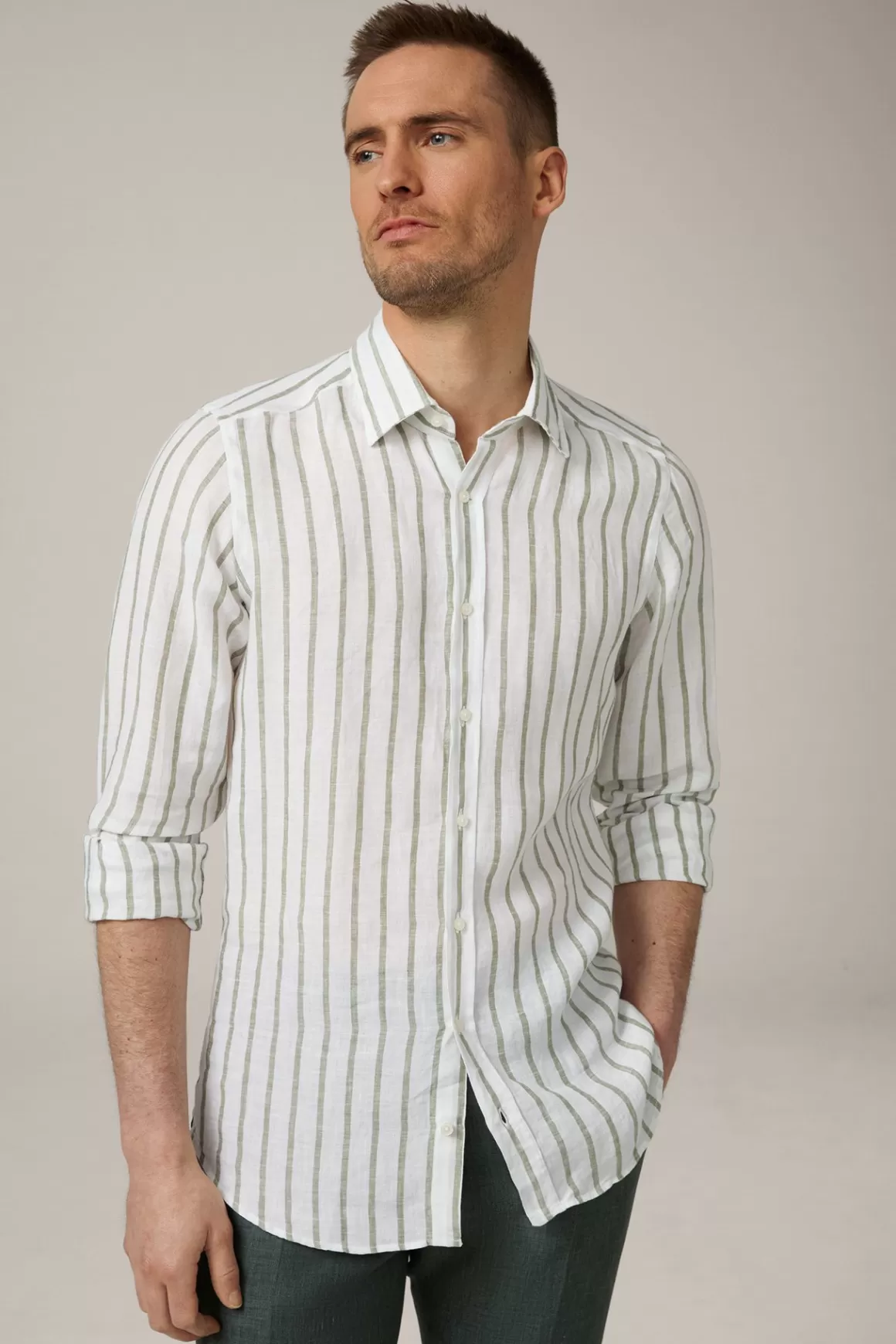 Lapo Linen Shirt In White And Olive Stripes<Windsor Sale