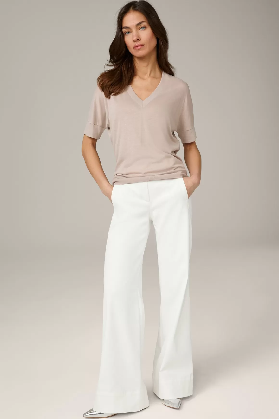 Tencel/Cotton V-Neck Shirt In Taupe<Windsor Outlet