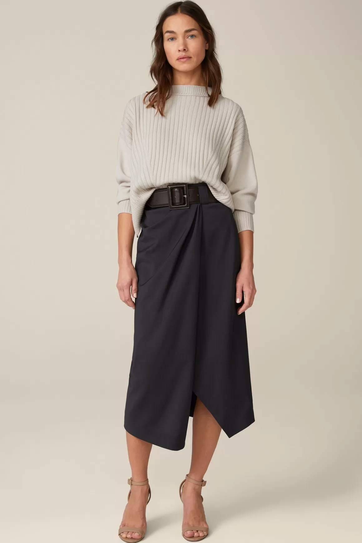 Virgin Wool Midi Skirt With Wrap-Around Detail In Anthracite<Windsor Fashion