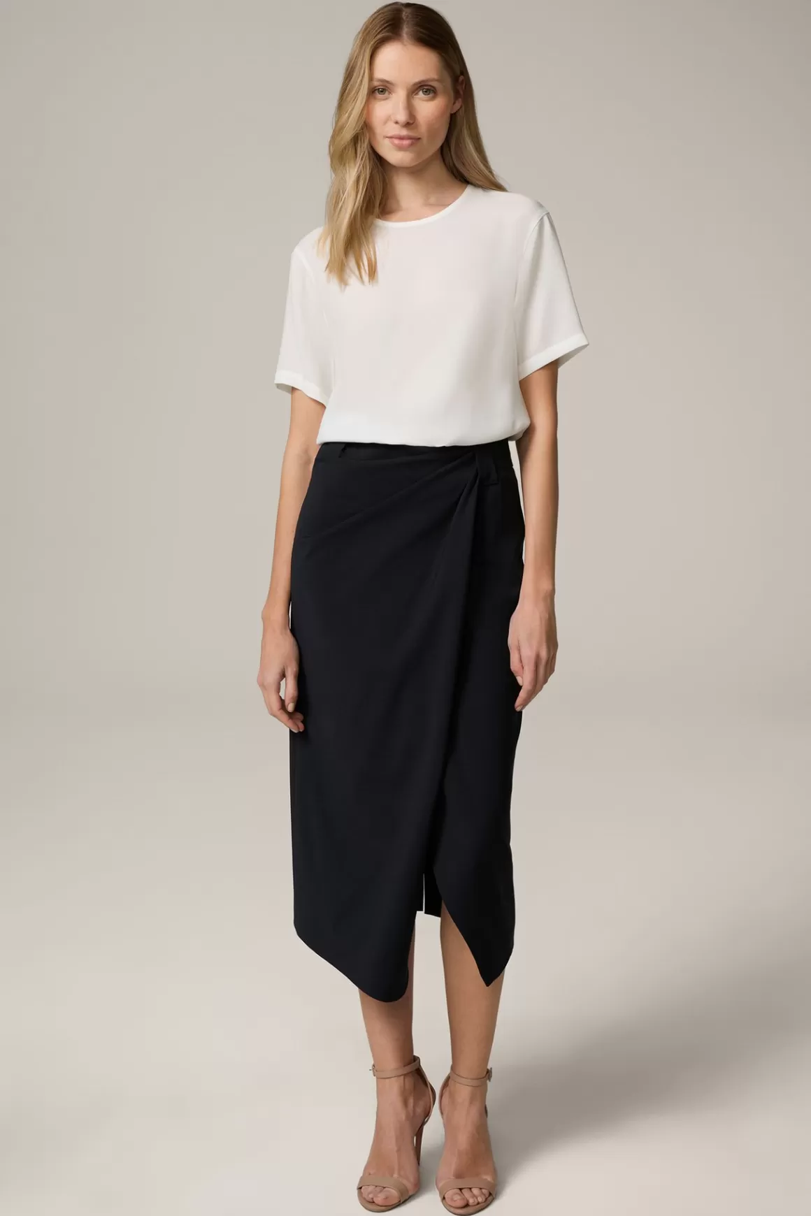 Virgin Wool Midi Skirt With Wrapover Detail In Navy<Windsor Outlet