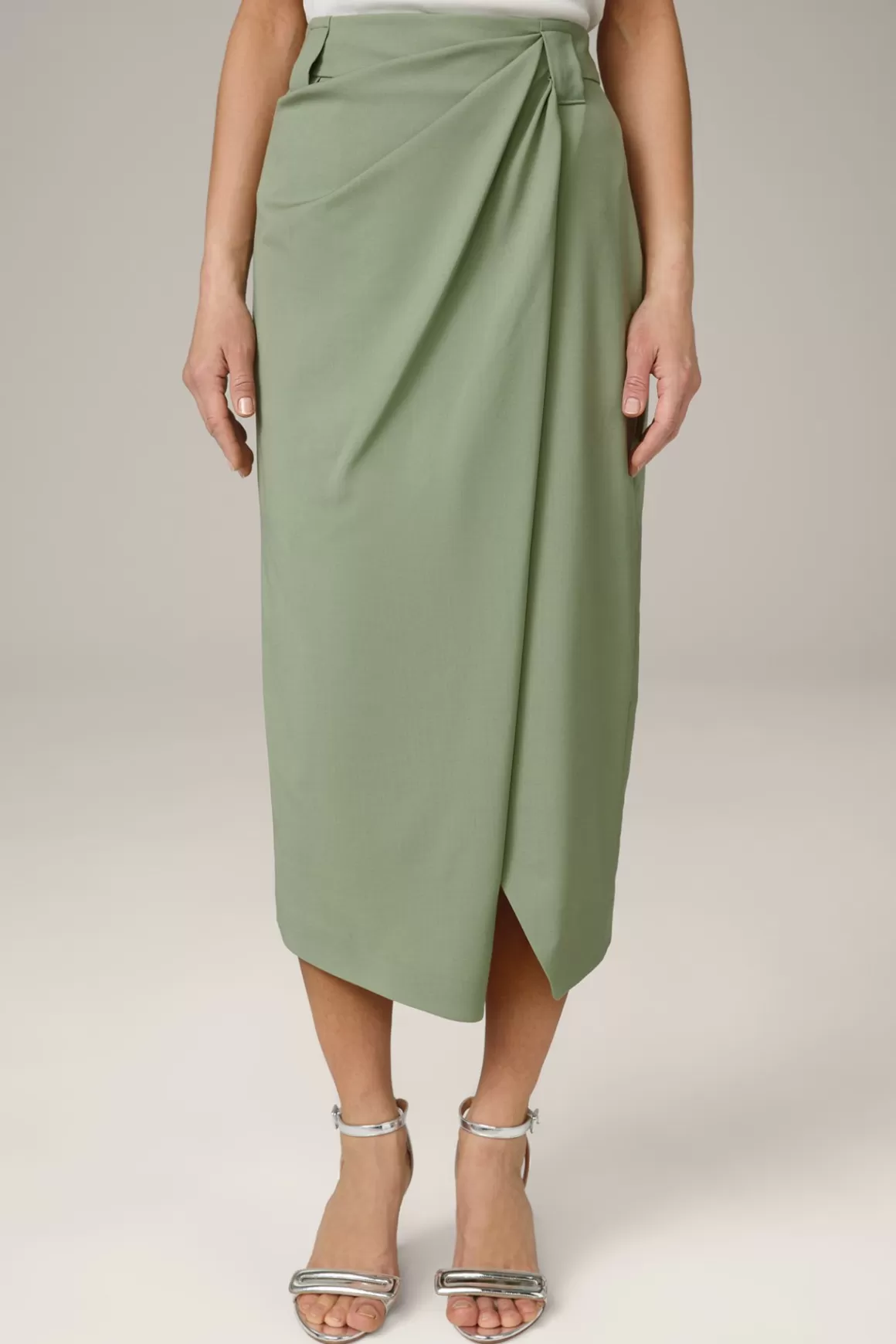 Virgin Wool Midi Skirt With Wrapover Detail In Sage<Windsor Fashion