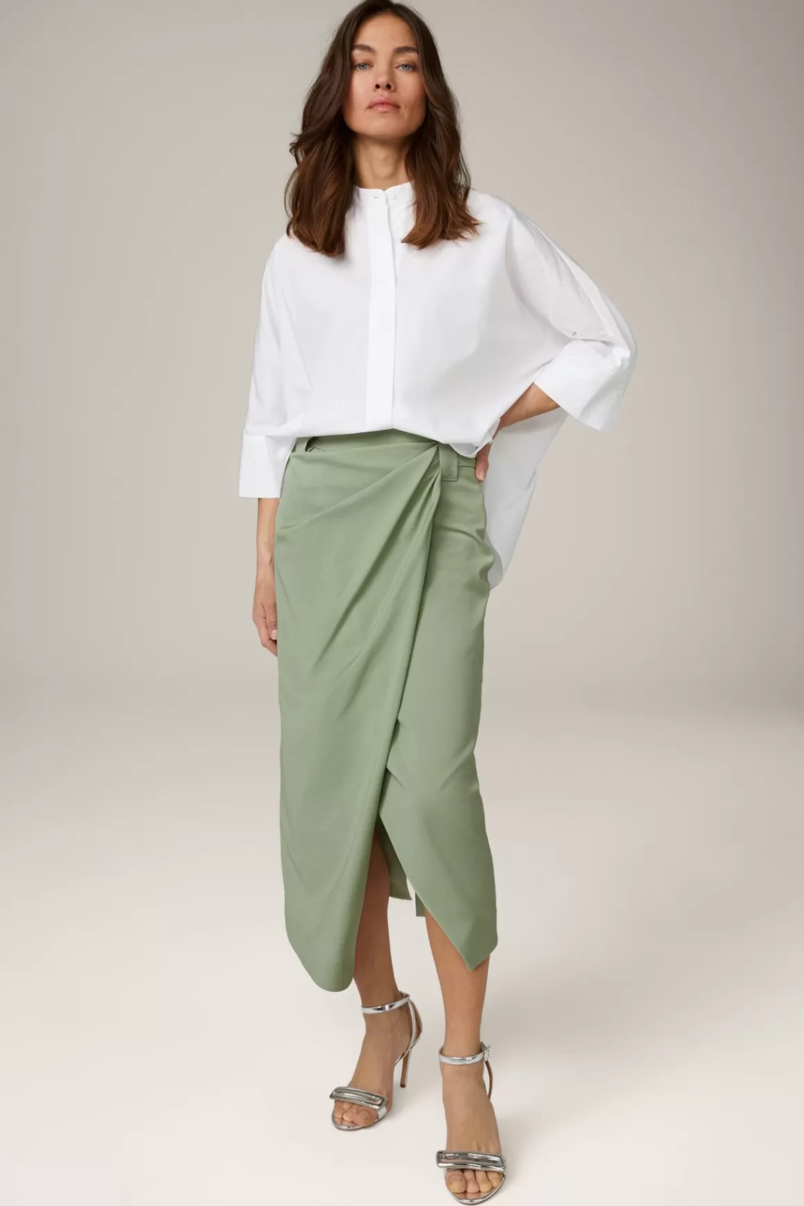 Virgin Wool Midi Skirt With Wrapover Detail In Sage<Windsor Fashion